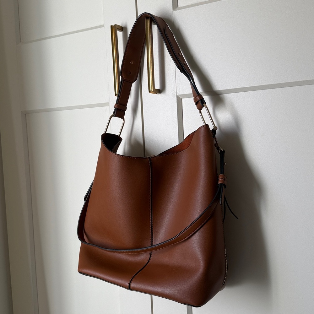Topshop Brown Vegan Leather Shoulder Bucket Bag